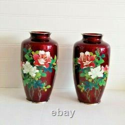 Japanese Cloisonne Vases Red Ginbari Hand Painted Roses Mirror Image Set 2