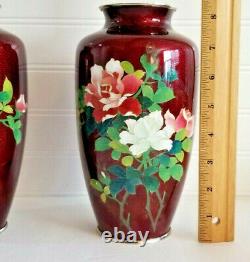 Japanese Cloisonne Vases Red Ginbari Hand Painted Roses Mirror Image Set 2