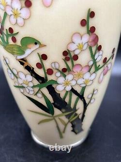 Japanese Cloisonne enamel & silver plate vase, Mid Century. Cherry blossom