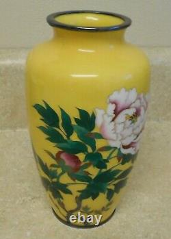 Japanese Enamel Cloisonné Vase Yellow w Peonies 7.25