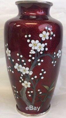 Japanese Ginbari Cloisonne Sato Ando Era Vase Red Pigeon Blood Cherry Blossom