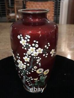 Japanese Ginbari Cloisonne Sato Ando Era Vase Red Pigeon Blood Cherry Blossom