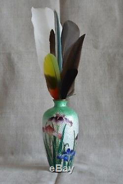 Japanese Ginbari Cloisonne Vase, Miniature Iris Flowers Ombre Green 1900s 5