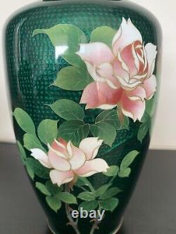 Japanese Ginbari Green Cloisonné Enamel Vase With Roses, 7 1/4