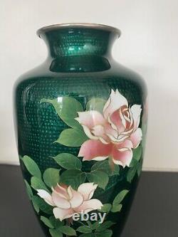 Japanese Ginbari Green Cloisonné Enamel Vase With Roses, 7 1/4