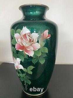 Japanese Ginbari Green Cloisonné Enamel Vase With Roses, 7 1/4