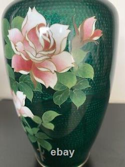 Japanese Ginbari Green Cloisonné Enamel Vase With Roses, 7 1/4