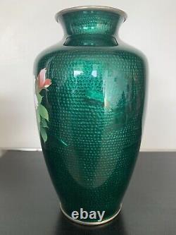 Japanese Ginbari Green Cloisonné Enamel Vase With Roses, 7 1/4