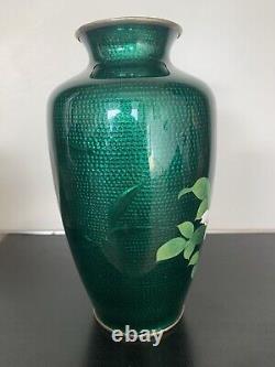 Japanese Ginbari Green Cloisonné Enamel Vase With Roses, 7 1/4