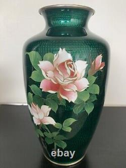 Japanese Ginbari Green Cloisonné Enamel Vase With Roses, 7 1/4