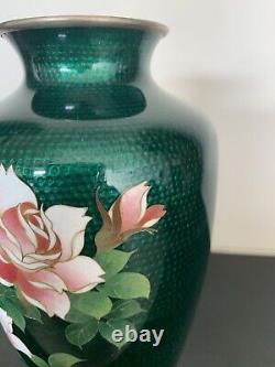 Japanese Ginbari Green Cloisonné Enamel Vase With Roses, 7 1/4