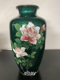 Japanese Ginbari Green Cloisonné Enamel Vase With Roses, 7 1/4