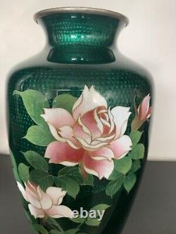 Japanese Ginbari Green Cloisonné Enamel Vase With Roses, 7 1/4