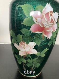 Japanese Ginbari Green Cloisonné Enamel Vase With Roses, 7 1/4