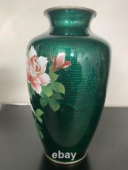 Japanese Ginbari Green Cloisonné Enamel Vase With Roses, 7 1/4