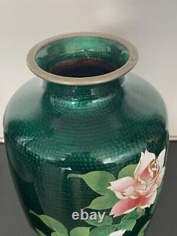 Japanese Ginbari Green Cloisonné Enamel Vase With Roses, 7 1/4