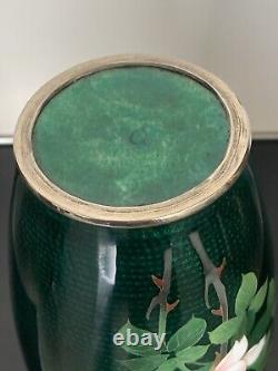 Japanese Ginbari Green Cloisonné Enamel Vase With Roses, 7 1/4