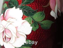 Japanese Ginbari Red Cloisonne Vase with Roses 7 Inch