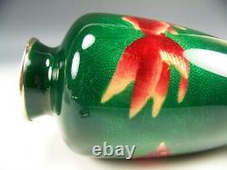 Japanese Ginbari Style Cloisonne Fishes On Green With Silver 7.25 Vase