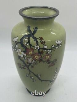 Japanese Green Cloisonne Enamel Vase With Cherry Blossom Floral Motif