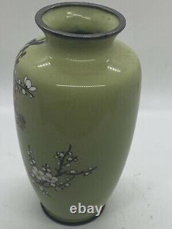 Japanese Green Cloisonne Enamel Vase With Cherry Blossom Floral Motif
