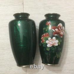 Japanese Green Cloisonne Ginbari Silver Mounted Enamel Floral Vase 8.5 Lot Of 2