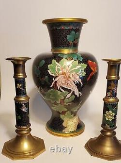 Japanese Late Meiji Era Cloisonné Vase With Flowers & Two Candlesticks