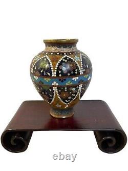 Japanese Meiji Cloisonne Enamel Brass Baluster Vase 1900's 4 1/4H Rosewood Stand