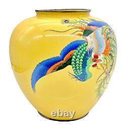 Japanese Meiji Cloisonné Enamel Yellow Vase Phoenix Heron Hou-oo Bird 8.5