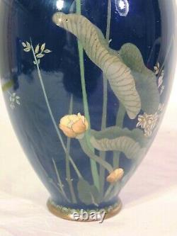 Japanese Meiji Cloisonne Vase Black Silver Wire Water Lily Dragonfly Marsh Pond