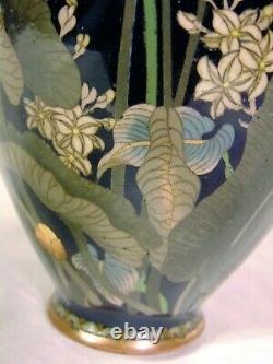 Japanese Meiji Cloisonne Vase Black Silver Wire Water Lily Dragonfly Marsh Pond