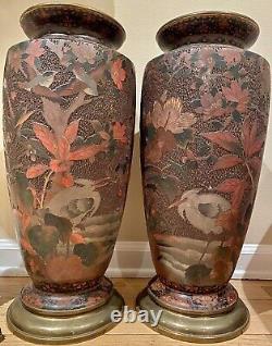 Japanese Meiji Cloisonné Vases Birds Blossoms Tree Bark Shippo Totai Monumental