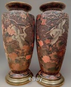 Japanese Meiji Cloisonné Vases Birds Blossoms Tree Bark Shippo Totai Monumental