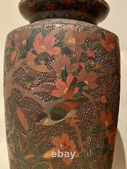 Japanese Meiji Cloisonné Vases Birds Blossoms Tree Bark Shippo Totai Monumental