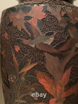 Japanese Meiji Cloisonné Vases Birds Blossoms Tree Bark Shippo Totai Monumental