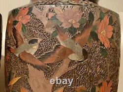 Japanese Meiji Cloisonné Vases Birds Blossoms Tree Bark Shippo Totai Monumental