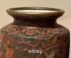 Japanese Meiji Cloisonné Vases Birds Blossoms Tree Bark Shippo Totai Monumental