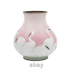 Japanese Meiji Era Wireless Cloisonne Pink Crane Enamel Vase