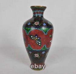 Japanese Meiji Ginbari Foil Cloisonne Enamel Butterly Vase
