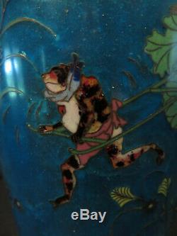 Japanese Meiji Period Cloisonne 9.75 Vase or Lamp Frogs As Humans