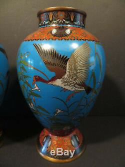 Japanese Meiji Period Cloisonne Pr 10.25 Blue Red Vases with Ducks One AS IS