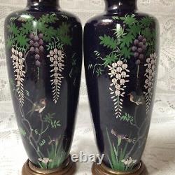 Japanese Meiji Period Quality Pair Cloisonné Vases, Wisteria On Dark Blue Ground