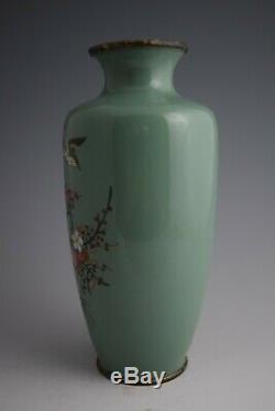 Japanese Meiji Silver Wire Cloisonne Vase White-eye, Plum Blossom & Bamboo #123