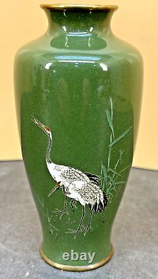 Japanese Meiji Silver Wire Cloisonne Vase with Cranes & Bamboo, Signed