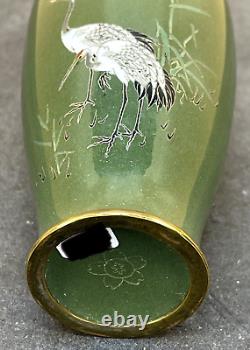 Japanese Meiji Silver Wire Cloisonne Vase with Cranes & Bamboo, Signed