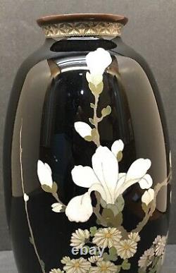 Japanese Meiji Silver Wire & Wireless Black Cloisonne Vase