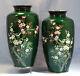 Japanese Pair Of Green Inaba Cloisonne Enamel Vases Bamboo Sakura Birds Design