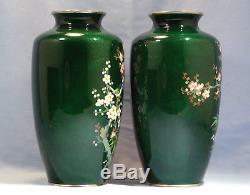 Japanese Pair of Green Inaba Cloisonne Enamel Vases Bamboo Sakura Birds Design