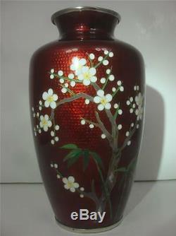 Japanese Pigeon Blood Red Silver Wire Plum Blossom Floral Birds Cloisonne 2 Vase