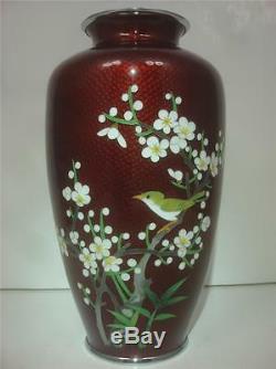Japanese Pigeon Blood Red Silver Wire Plum Blossom Floral Birds Cloisonne 2 Vase